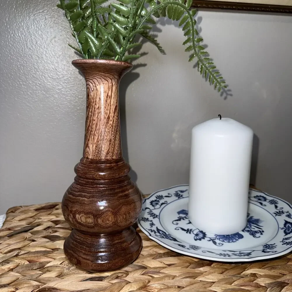 Vintage Hand Turned Wood Vase AKS 54 Mid Century Modern Organic Decor 8.5